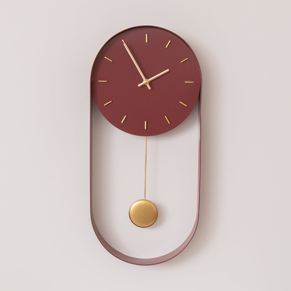 Raspberry Red & Gold Pendulum Metal Analogue Wall Clock - 20cm x 55cm