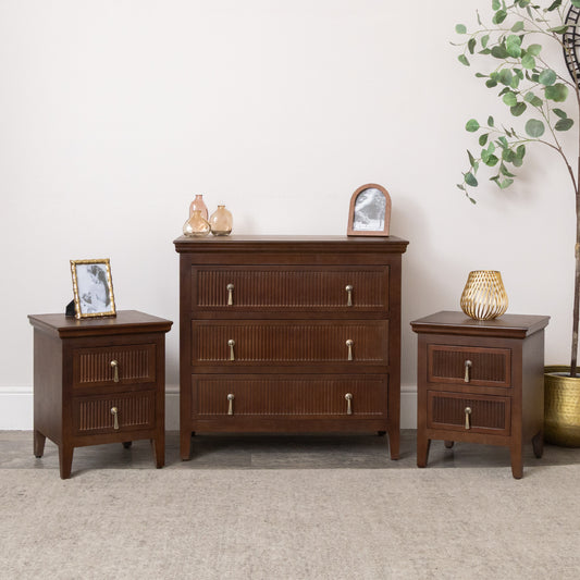  3 Drawer Wooden Reeded Chest of Drawers and Pair of 2 Drawer Bedside Tables - Georgian Range 