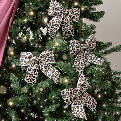 Set of 4 Leopard Print Velvet Bow Decorations - 14cm