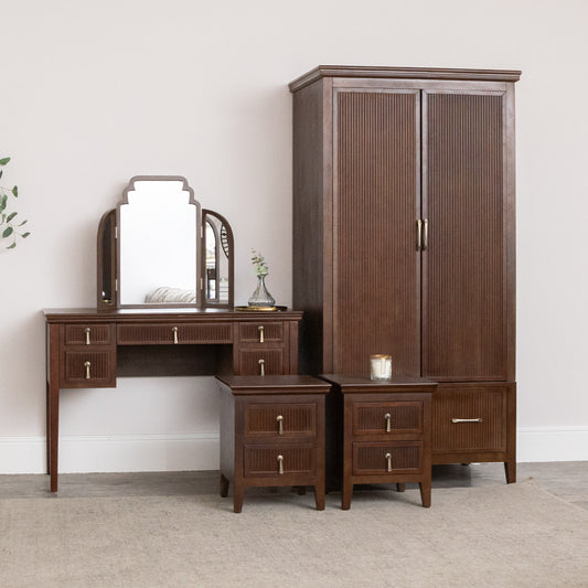  Dark Brown Wooden Reeded Wardrobe, Dressing Table, Mirror Set & Pair of Bedside Tables - Georgian Range 
