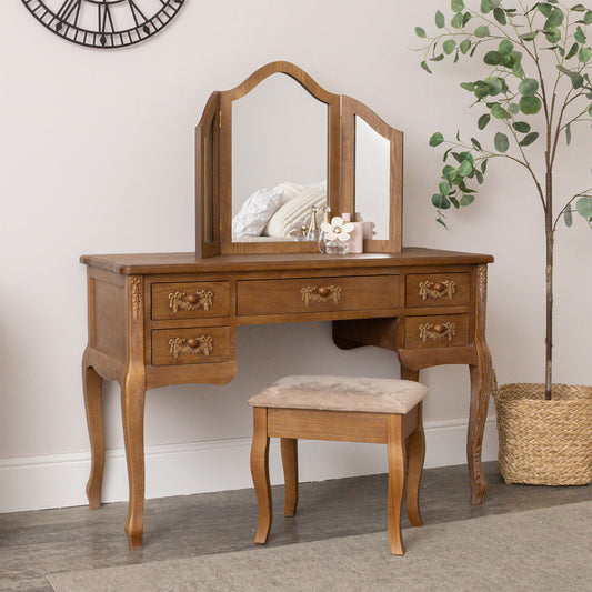  Wooden Dressing Table Desk with Triple Mirror and Stool - Pays Du Bois Range 