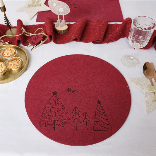  Set of 4 Dark Red Round Felt Placemats with Tree Detail 