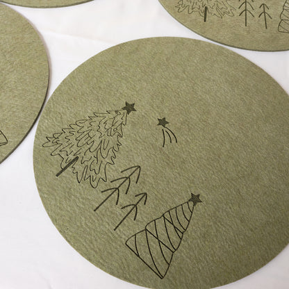 Set of 4 Green Round Felt Placemats with Tree Detail