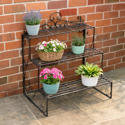  Black & Gold Metal Three Tier Plant Theatre Stand 