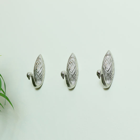  Set of 3 Silver Metal Swan Wall Hooks 