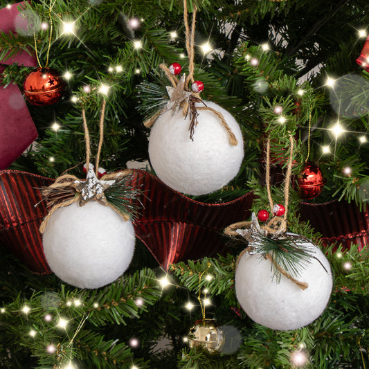  Set of 3 White Velvet Christmas Bauble Decorations with Foliage - 7cm 