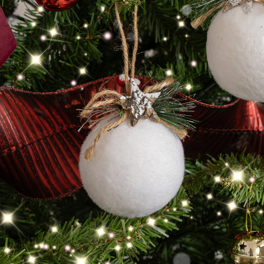  Set of 3 White Velvet Christmas Bauble Decorations with Foliage - 7cm 