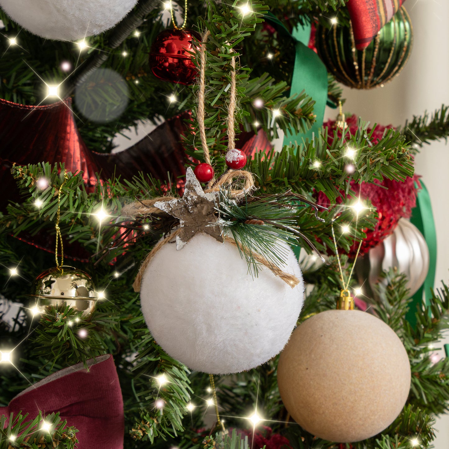 Set of 3 White Velvet Christmas Bauble Decorations with Foliage - 7cm