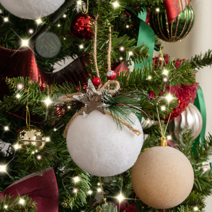 Set of 3 White Velvet Christmas Bauble Decorations with Foliage - 7cm