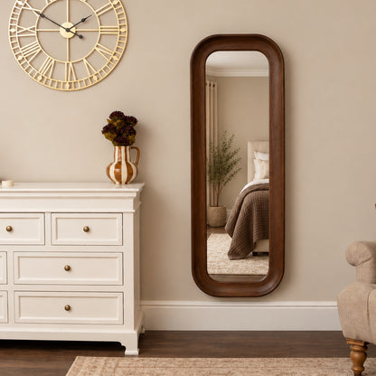 Dark Walnut Wood Rectangular Curved Full Length Wall Mirror - 142cm x 50cm