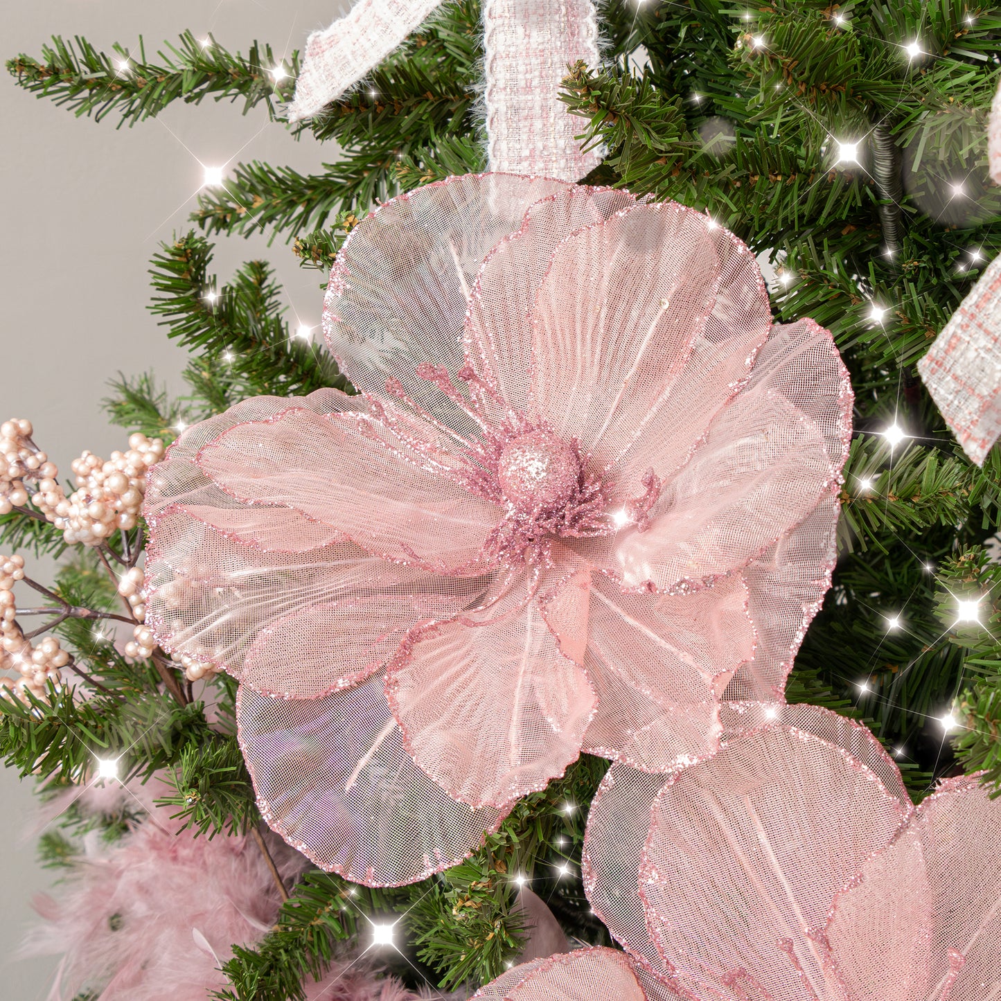 Set of 2 Pink Glitter Magnolia Christmas Pick Decorations