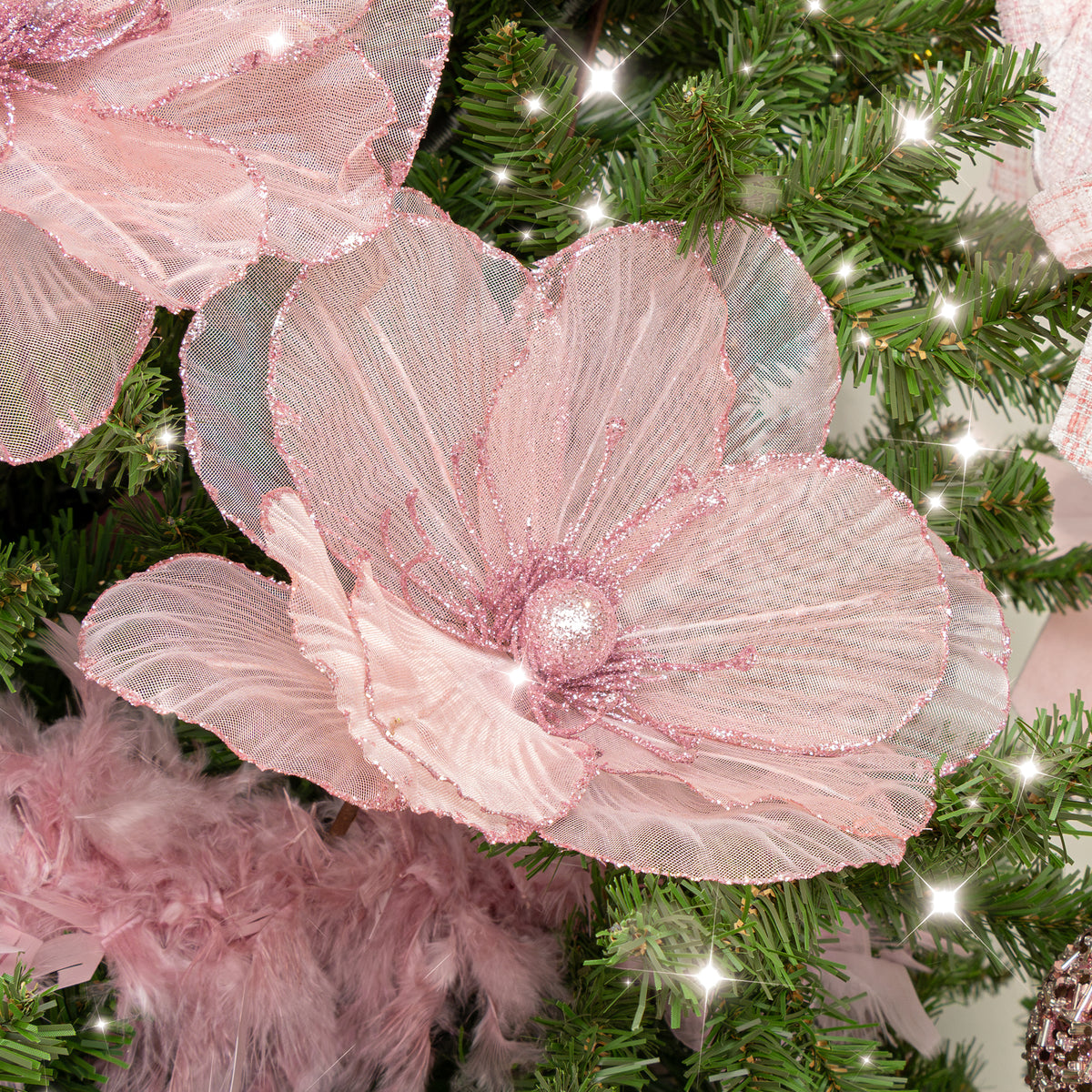 Set of 2 Pink Glitter Magnolia Christmas Pick Decorations