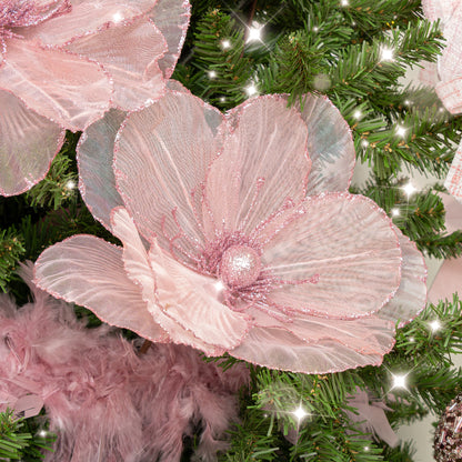 Set of 2 Pink Glitter Magnolia Christmas Pick Decorations