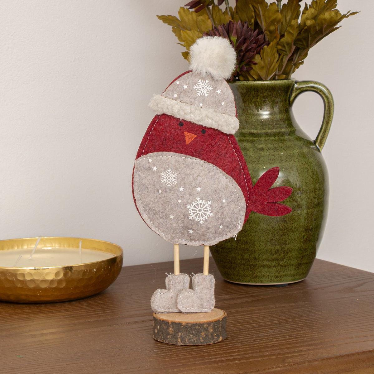 Red Felt Robin Standing Decoration with Wooden Base - 22cm