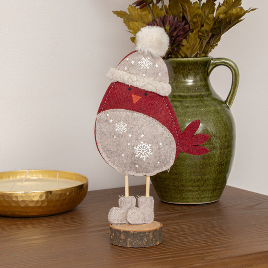  Red Felt Robin Standing Decoration with Wooden Base - 22cm 