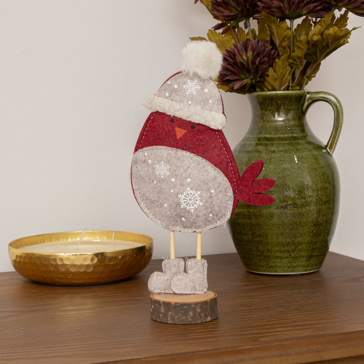 Red Felt Robin Standing Decoration with Wooden Base - 22cm