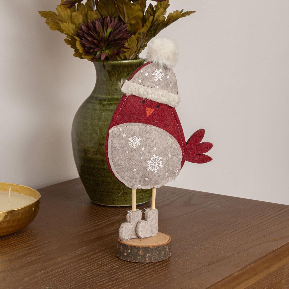 Red Felt Robin Standing Decoration with Wooden Base - 22cm