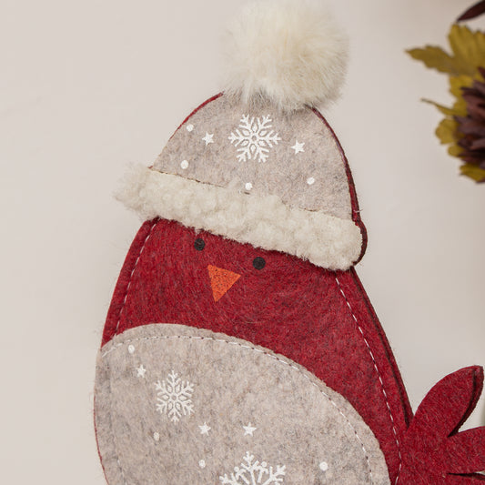  Red Felt Robin Standing Decoration with Wooden Base - 22cm 