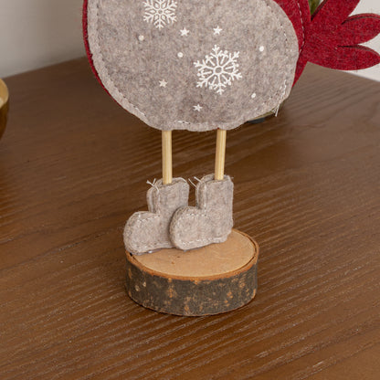 Red Felt Robin Standing Decoration with Wooden Base - 22cm