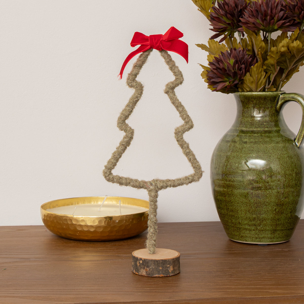 Green Standing Christmas Tree Decoration with Red Bow - 27cm