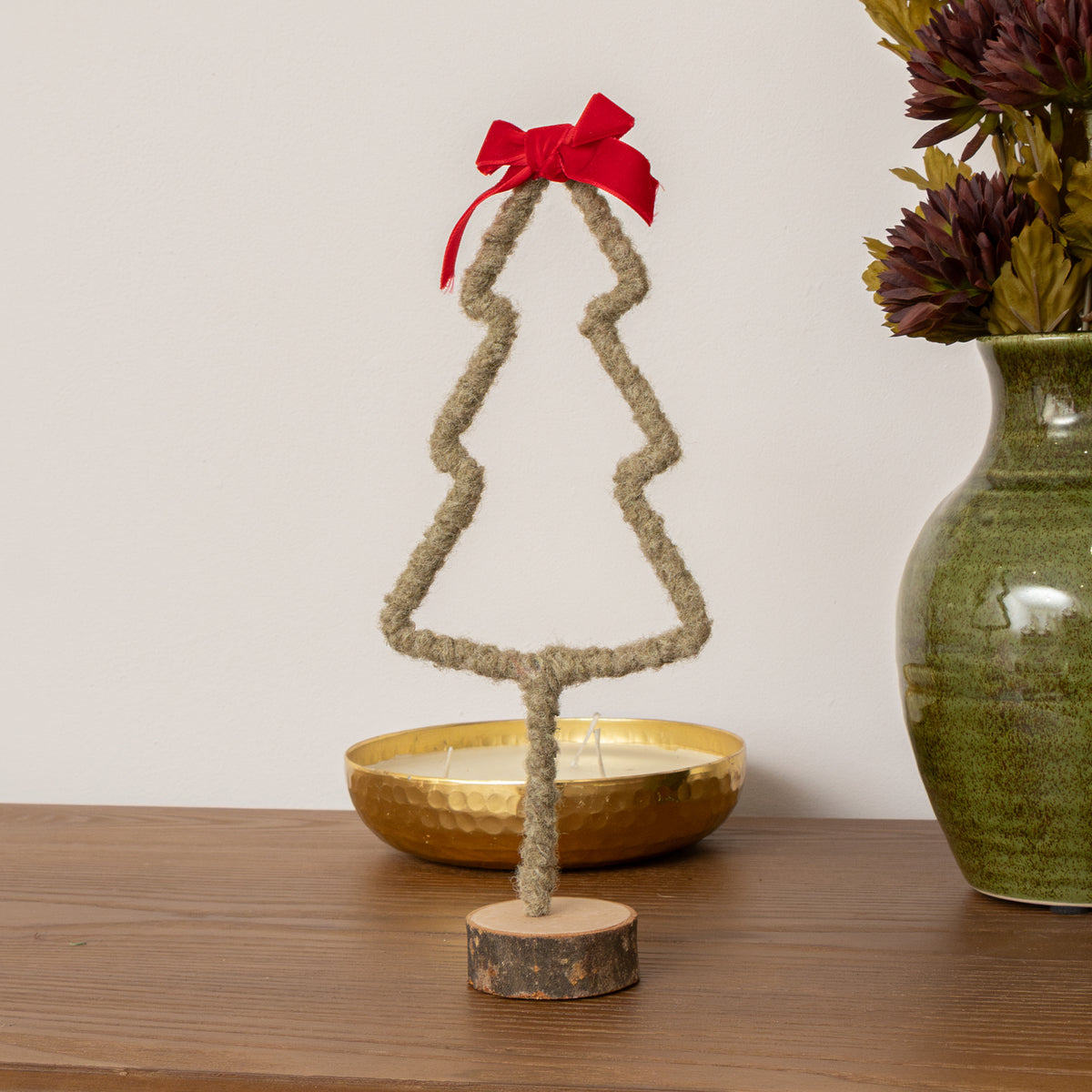 Green Standing Christmas Tree Decoration with Red Bow - 27cm
