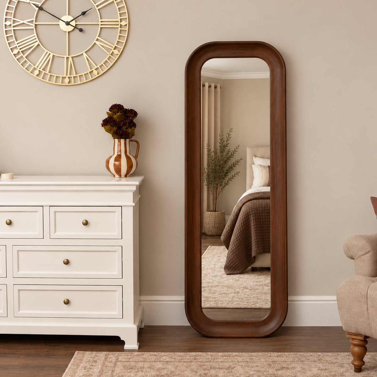Dark Walnut Wood Rectangular Curved Full Length Wall Mirror - 142cm x 50cm