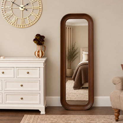 Dark Walnut Wood Rectangular Curved Full Length Wall Mirror - 142cm x 50cm
