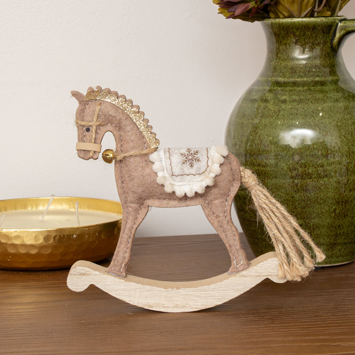 Neutral Brown Felt Standing Rocking Horse Decoration - 16cm