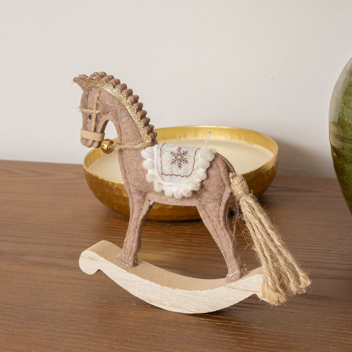 Neutral Brown Felt Standing Rocking Horse Decoration - 16cm