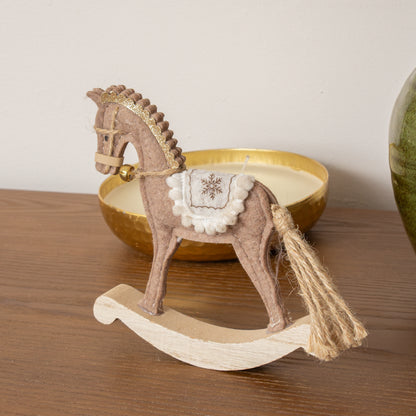 Neutral Brown Felt Standing Rocking Horse Decoration - 16cm