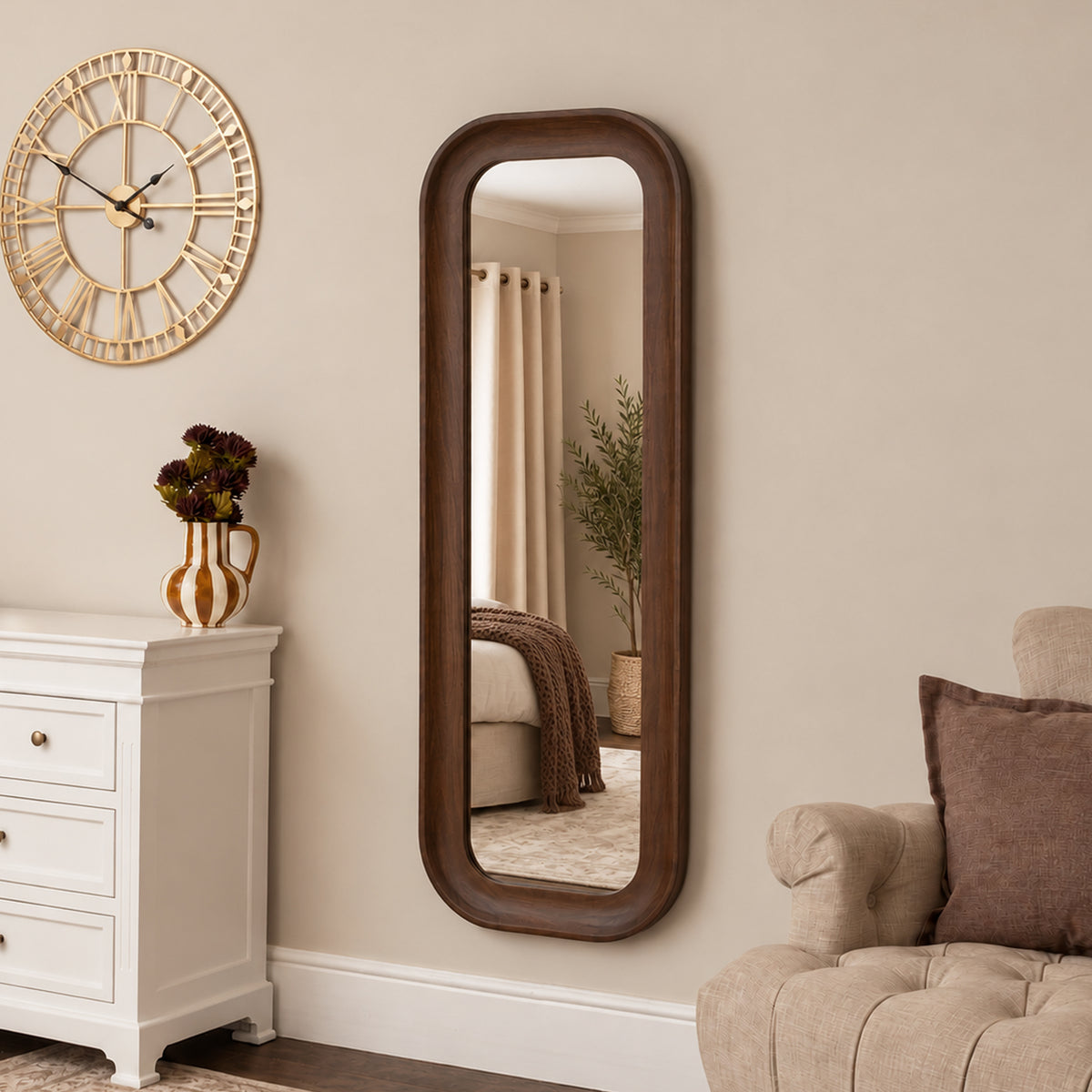Dark Walnut Wood Rectangular Curved Full Length Wall Mirror - 142cm x 50cm