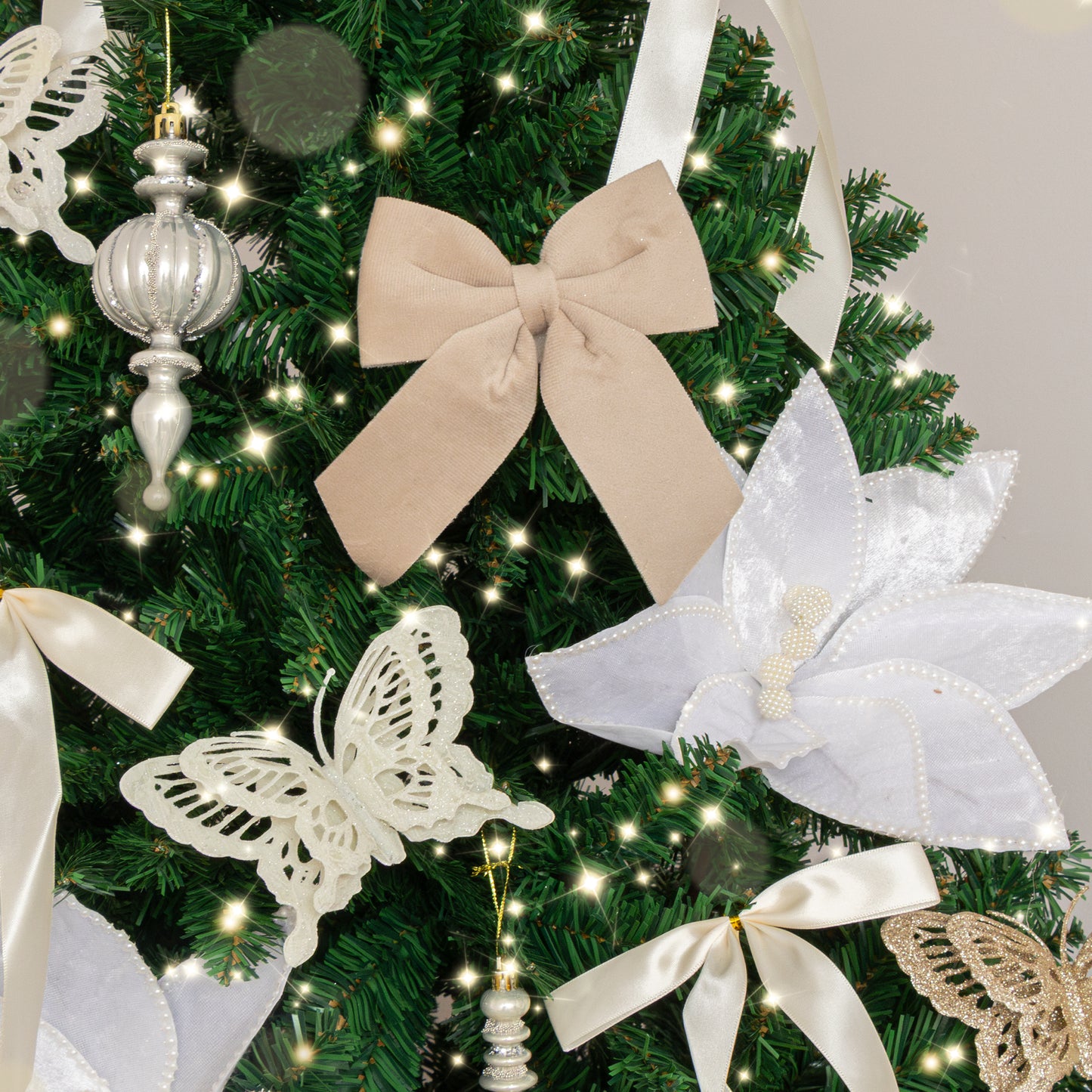 Set of 3 White Velvet & Pearl Poinsettia Pick Christmas Decorations - 29cm x 25cm