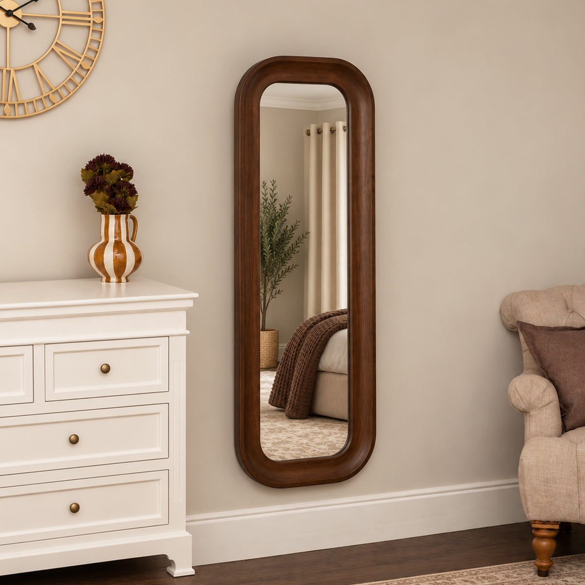 Dark Walnut Wood Rectangular Curved Full Length Wall Mirror - 142cm x 50cm