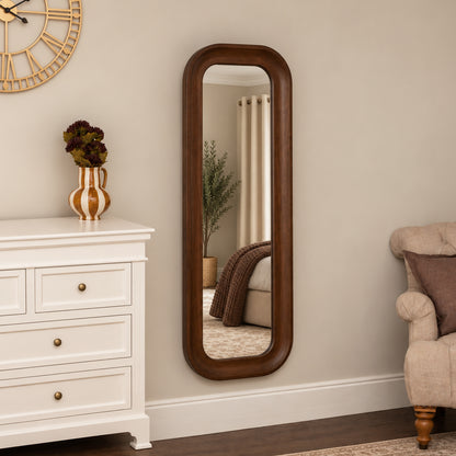 Dark Walnut Wood Rectangular Curved Full Length Wall Mirror - 142cm x 50cm