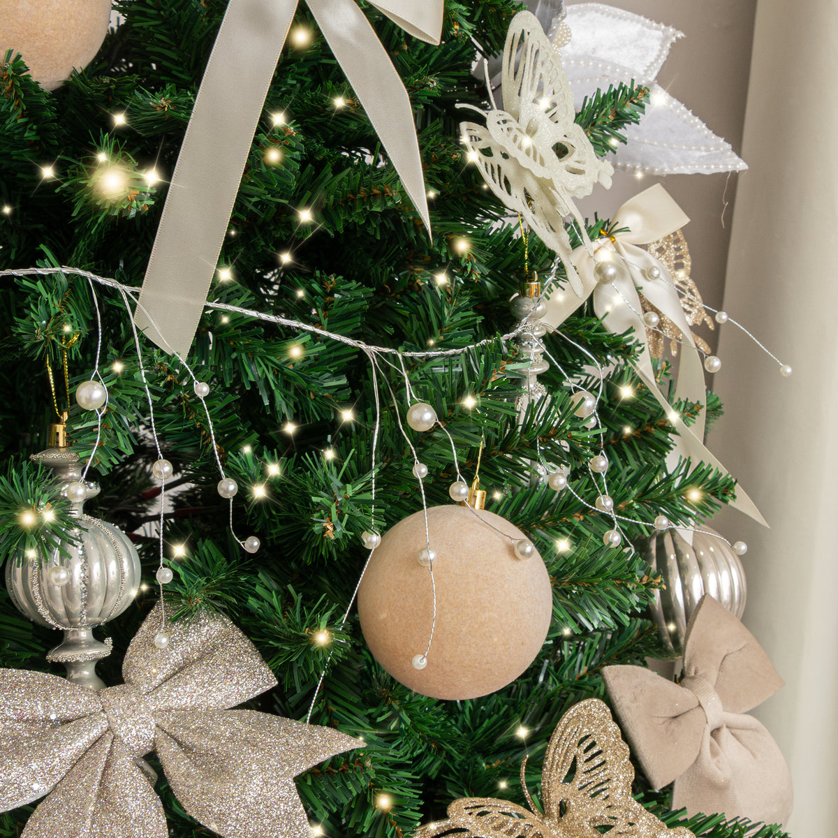 Set of 2 Silver Wire & Pearl Christmas Garland Decorations - 117cm
