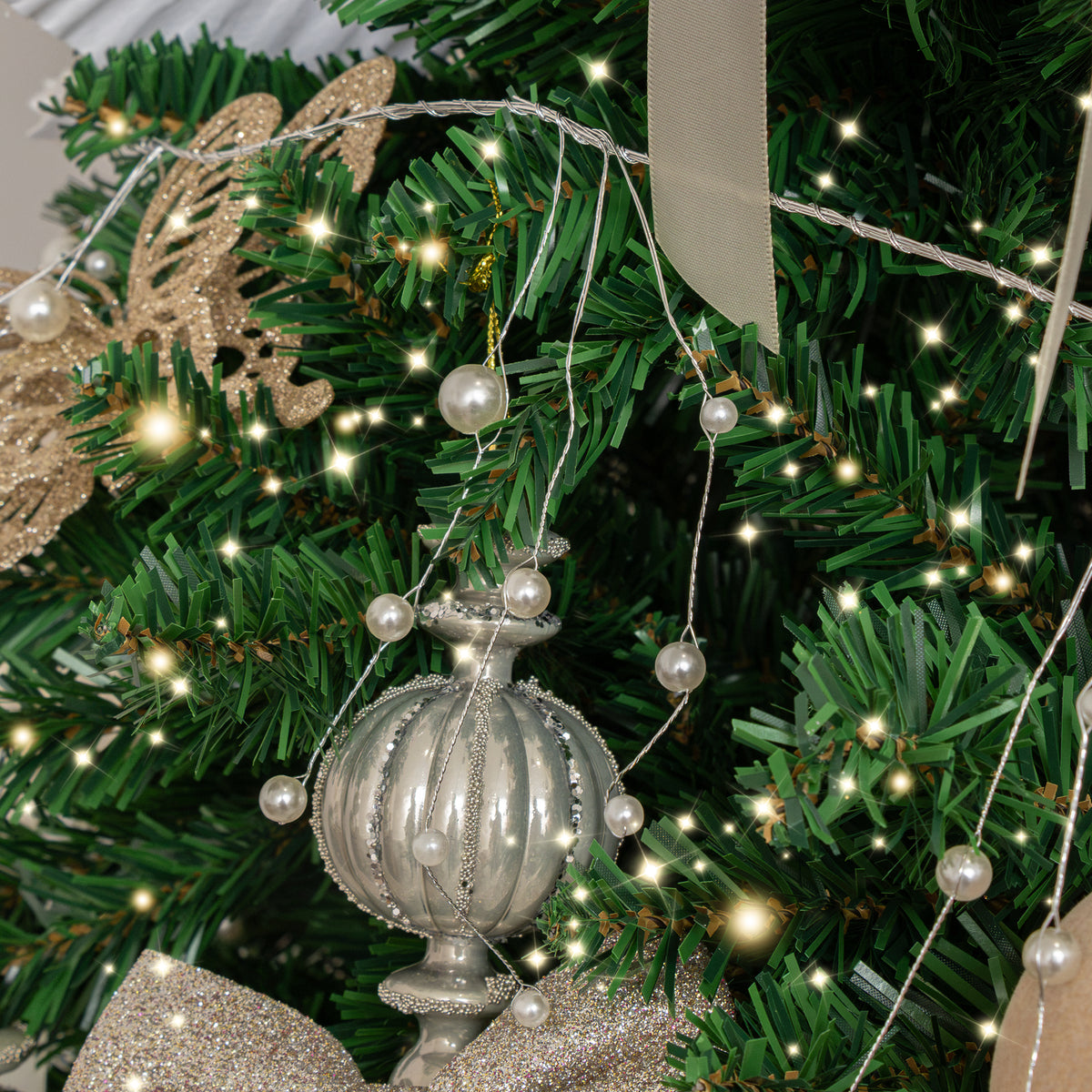 Set of 2 Silver Wire & Pearl Christmas Garland Decorations - 117cm