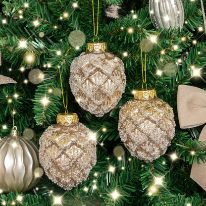 Set of 3 Neutral Sequin Frosted Pine Cone Christmas Baubles - 8cm