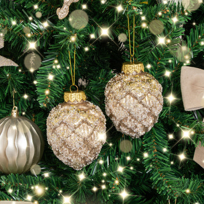 Set of 3 Neutral Sequin Frosted Pine Cone Christmas Baubles - 8cm