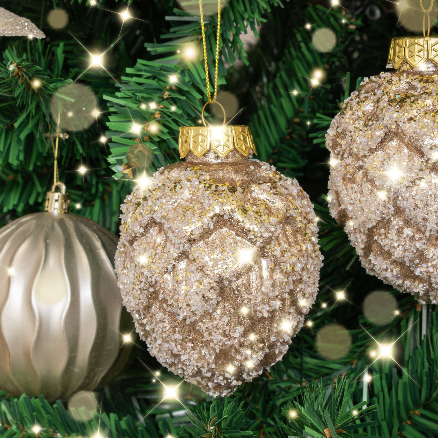 Set of 3 Neutral Sequin Frosted Pine Cone Christmas Baubles - 8cm