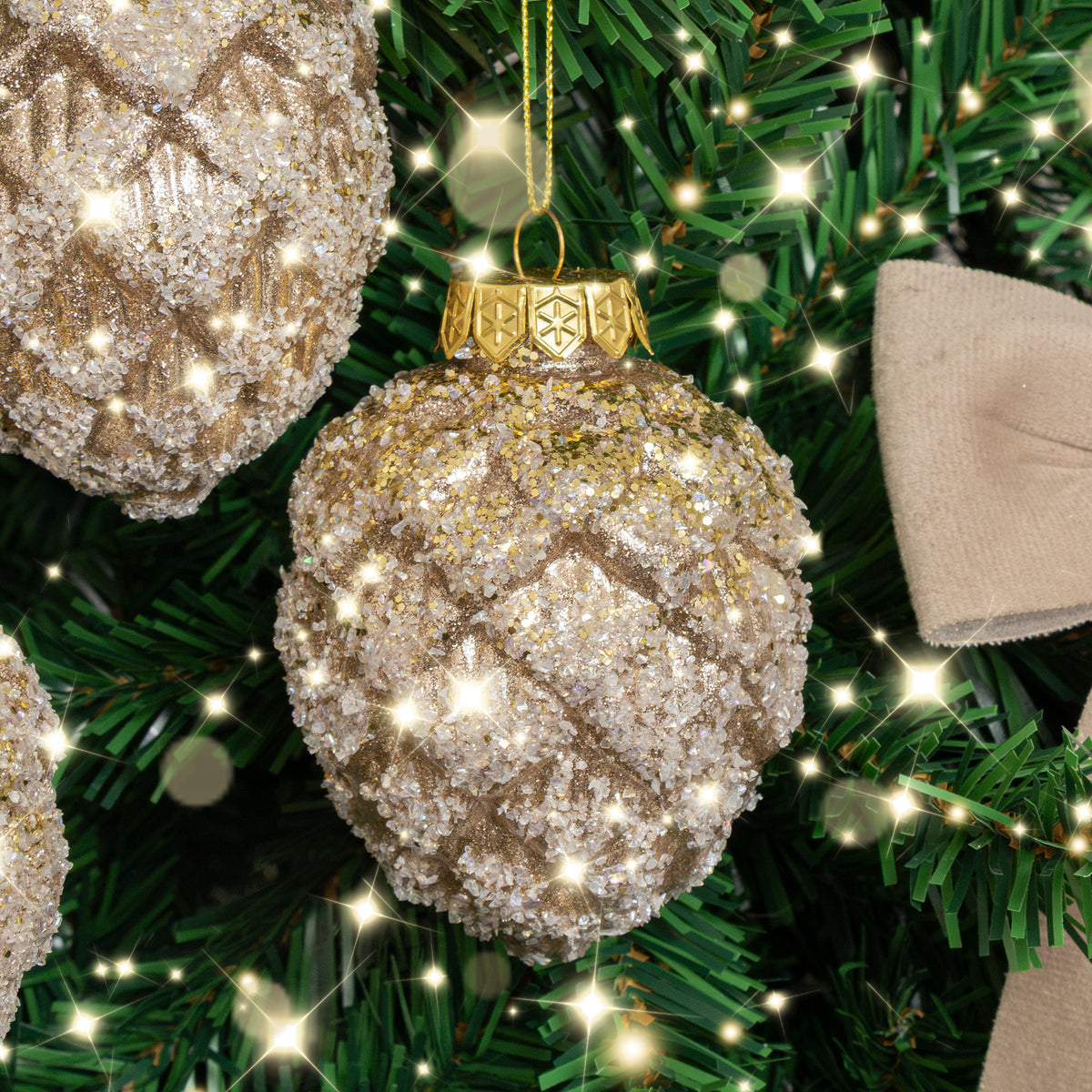 Set of 3 Neutral Sequin Frosted Pine Cone Christmas Baubles - 8cm
