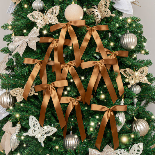  Set of 10 Chocolate Brown Satin Christmas Bow Decorations 