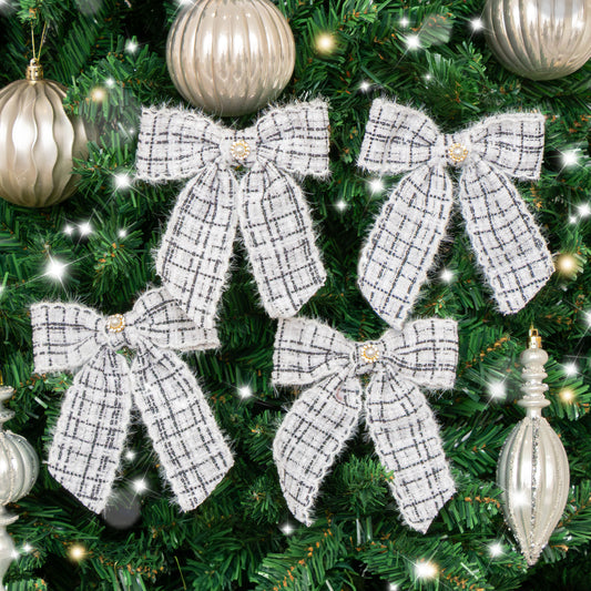  Set of 4 Black & White Tartan Boucle Jewelled Christmas Bow Decorations 