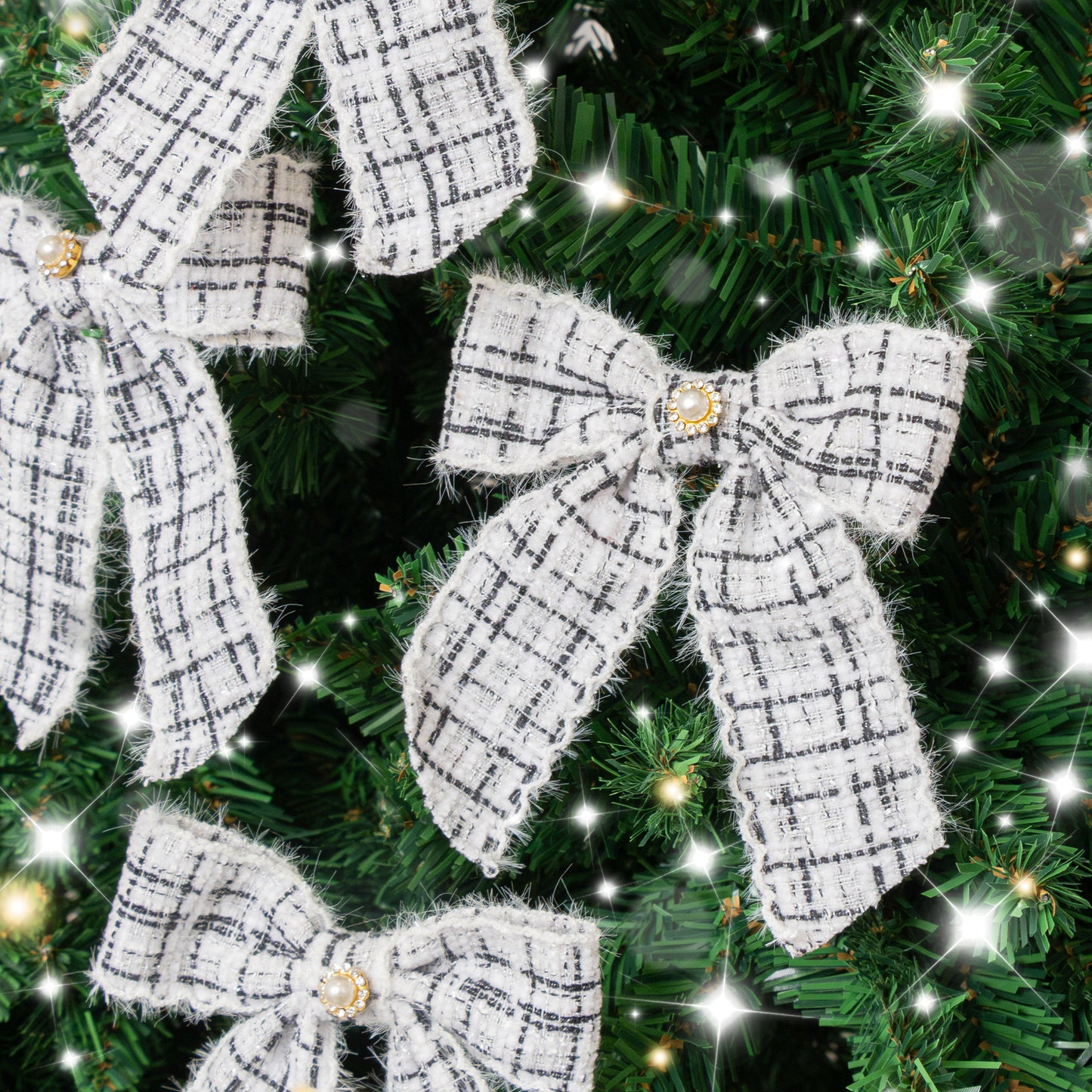 Set of 4 Black & White Tartan Boucle Jewelled Christmas Bow Decorations
