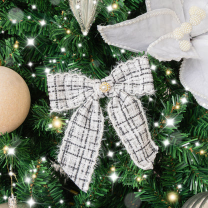 Set of 4 Black & White Tartan Boucle Jewelled Christmas Bow Decorations