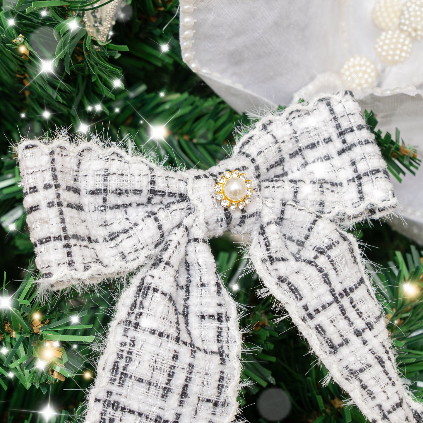 Set of 4 Black & White Tartan Boucle Jewelled Christmas Bow Decorations