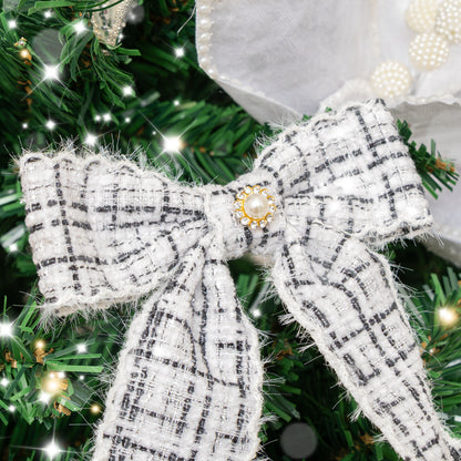 Set of 4 Black & White Tartan Boucle Jewelled Christmas Bow Decorations