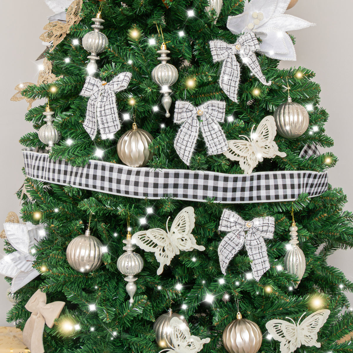 Set of 4 Black & White Tartan Boucle Jewelled Christmas Bow Decorations
