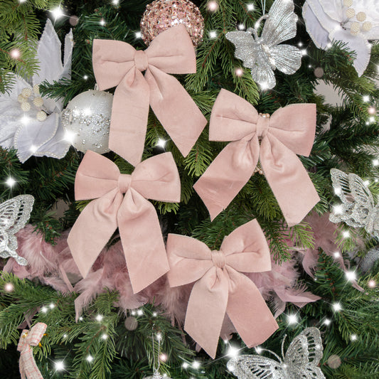  Set of 4 Baby Pink Velvet Christmas Bows 