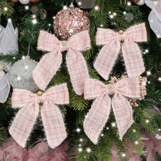  Set of 4 Pink Tartan Boucle Jewelled Christmas Bow Decorations 