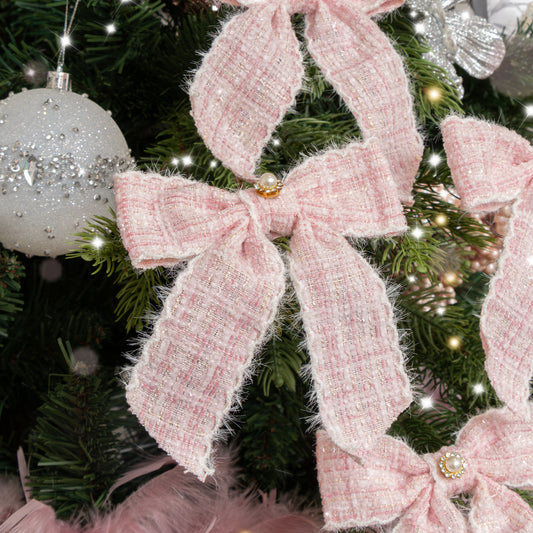 Set of 4 Pink Tartan Boucle Jewelled Christmas Bow Decorations 